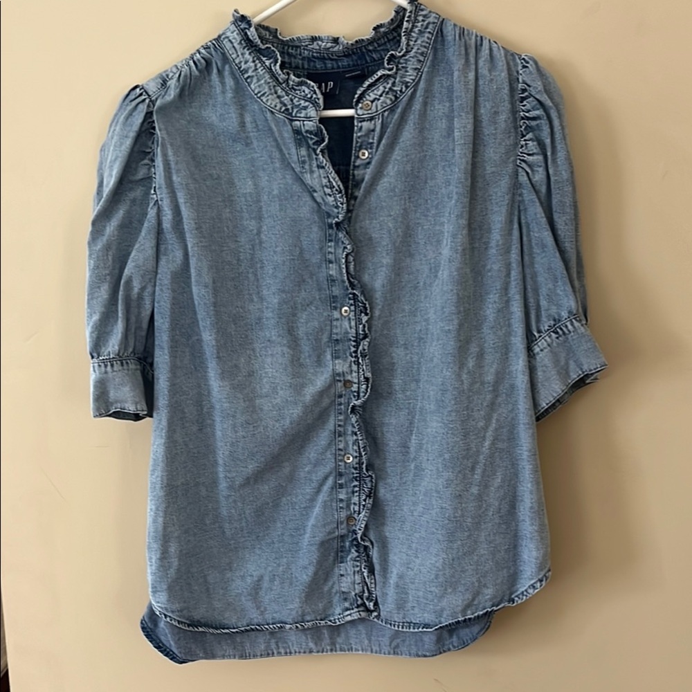 GAP Light Blue Ruffle Button Down Shirt